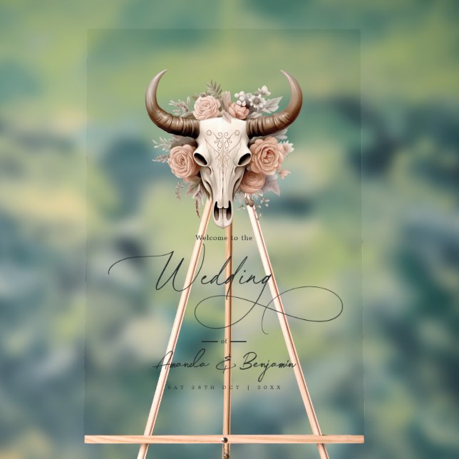 Rustic Bull Skull Floral Western Wedding Welcome Acrylic Sign (Neutral)