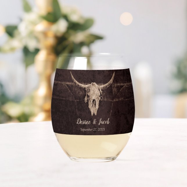 Rustic Bull Skull Wedding Country Western Texture Stemless Wine Glass (Insitu (Wedding))