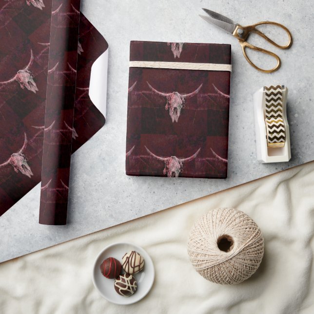 Rustic Bull Skull Western Red Brown Pattern Wrapping Paper (Crafts)