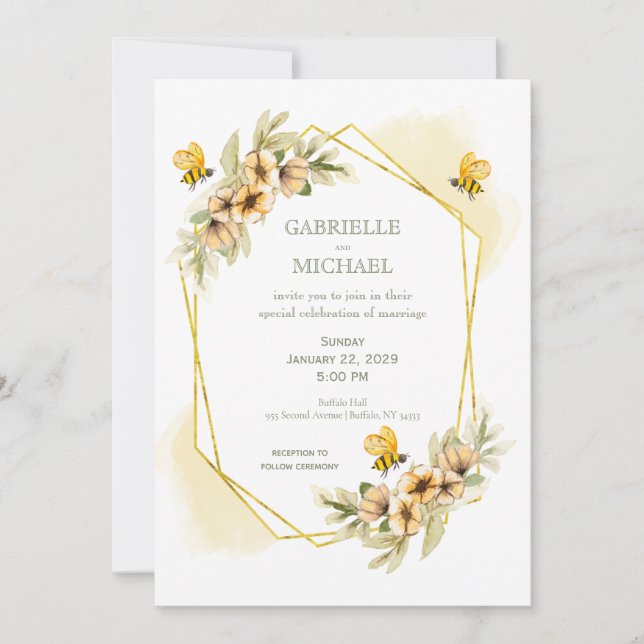 Rustic Bumble Bee Floral Wedding Invitation (Front)