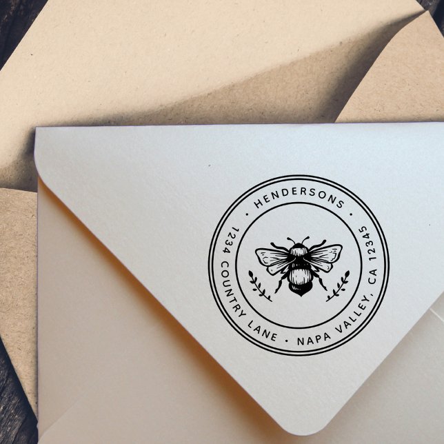 Rustic Bumblebee Round Return Address Rubber Stamp (Creator Uploaded)