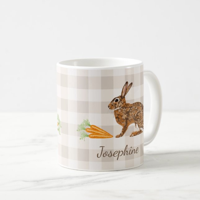 Rustic Bunny And Carrots With Name Beige Gingham Coffee Mug (Front Right)