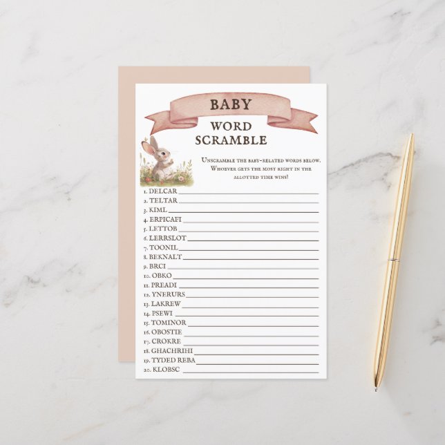 Rustic Bunny Baby Shower Word Scramble Game (Front/Back In Situ)
