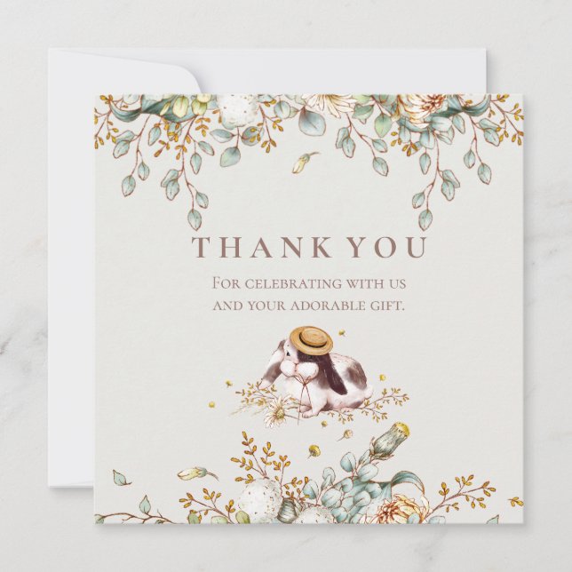 Rustic Bunny Botanical Baby Shower Thank You Card (Front)