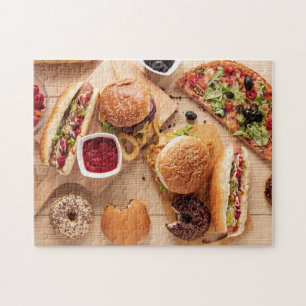 Rustic Burger Hot dog Pizza French Fries Doughnut Jigsaw Puzzle