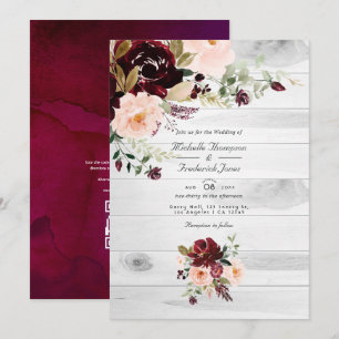 Rustic Burgundy and Blush Floral QR Code Wedding Invitation