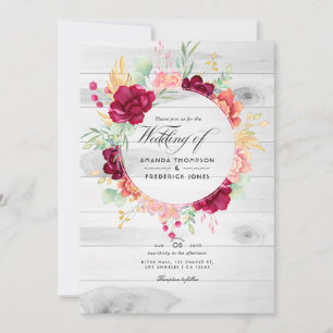 Rustic Burgundy and Blush Floral QR Code Wedding Invitation
