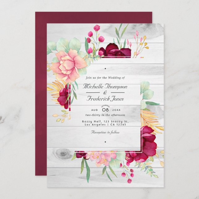 Rustic Burgundy and Blush Floral QR Code Wedding Invitation (Front/Back)