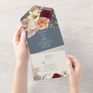 Rustic Burgundy and Dusty Blue Wedding All In One  All In One Invitation