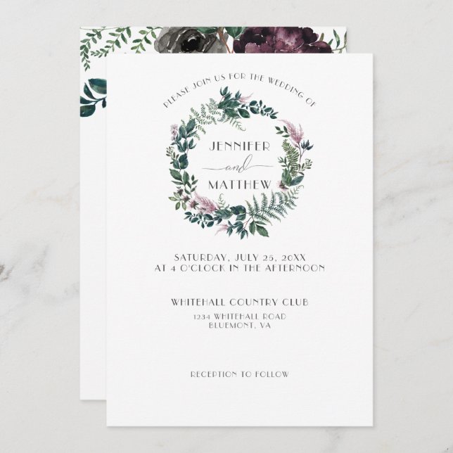 Rustic Burgundy and Forest Green Floral Wreath | Invitation (Front/Back)