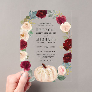 Rustic Burgundy and Peach Floral Pumpkin Wedding Acrylic Invitations