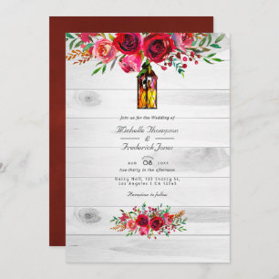 Rustic Burgundy and Pink Floral QR Code Wedding Invitation