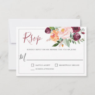 Rustic Burgundy and Pink Floral Wedding RSVP Card