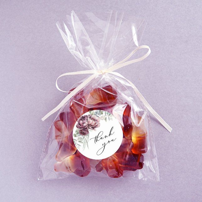 Rustic Burgundy and Plum Floral Thank You Favour Classic Round Sticker (A cute favor idea for a bridal shower or other event.)