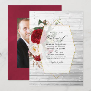 Rustic Burgundy and White Floral Geometric Wedding Invitation