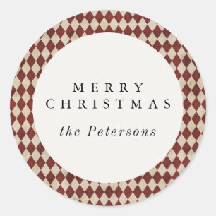 Rustic Burgundy Argyle Holiday Classic Round Sticker