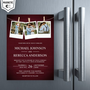 Rustic Burgundy Barn Wood Photo Collage Wedding Magnetic Invitation