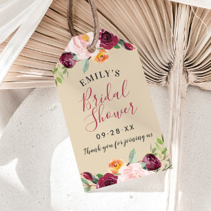 Rustic Burgundy Beige Floral Wedding Bridal Shower Gift Tags