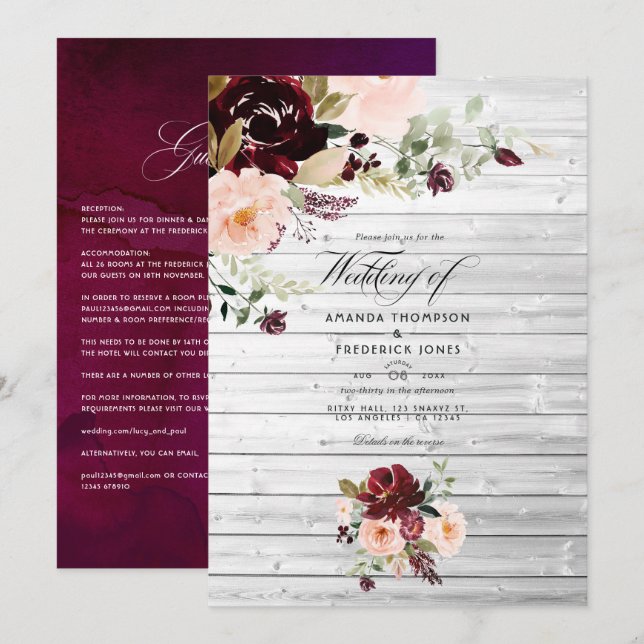 Rustic Burgundy Berry and Blush Floral Wedding Invitation (Front/Back)