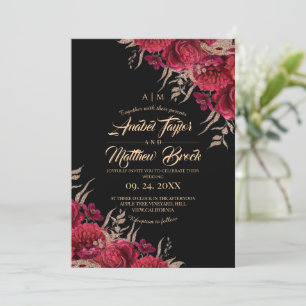 Rustic Burgundy Black Gold Floral Floral Wedding Invitation
