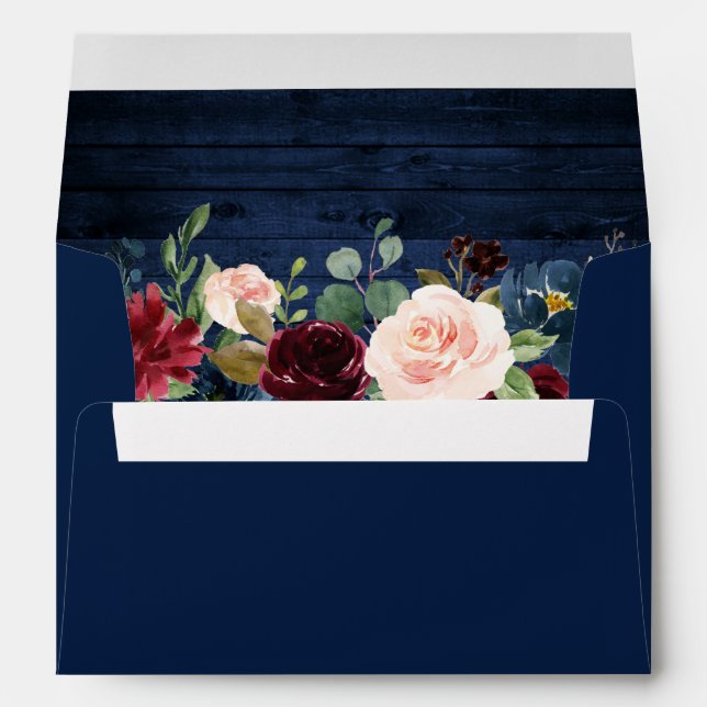 Rustic Burgundy Blue Floral Blue Wood Invitation Envelope (Back (Bottom))