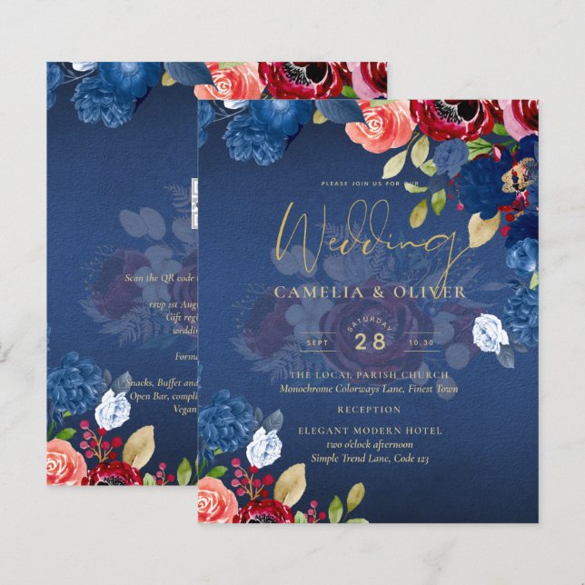 Rustic Burgundy Blue Floral Wedding (Front/Back)