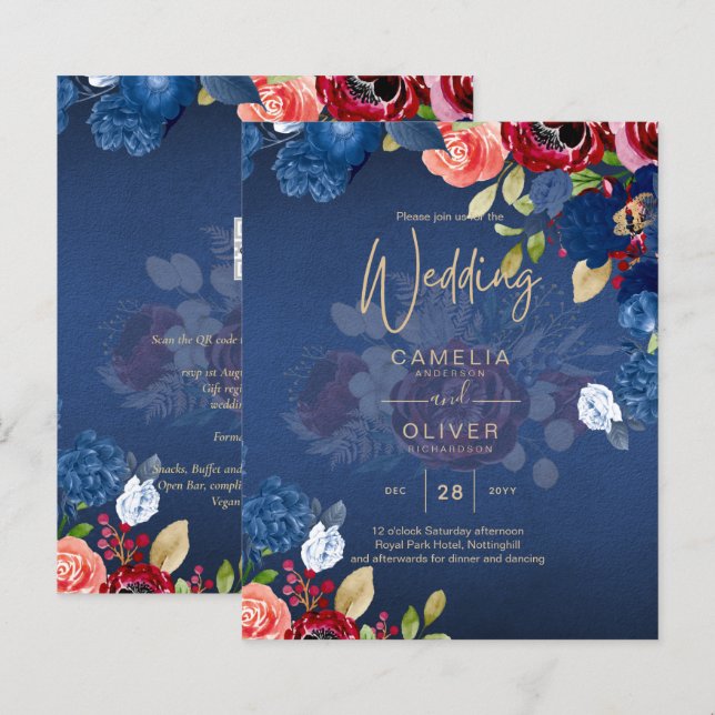 Rustic Burgundy Blue Floral Wedding (Front/Back)