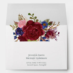 Rustic Burgundy Blue Floral Wedding Envelope