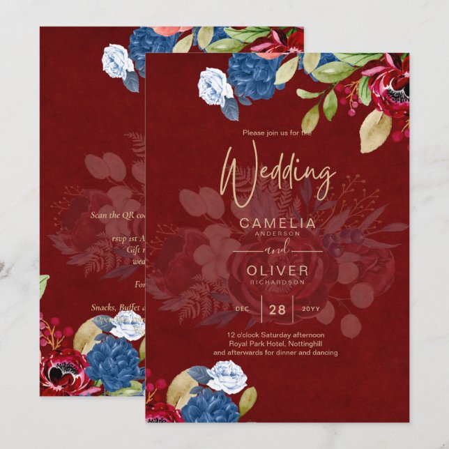 Rustic Burgundy Blue Floral Wedding Invitation (Front/Back)