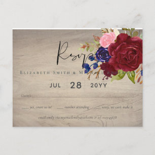 Rustic Burgundy Blue Floral Wedding RSVP Postcard