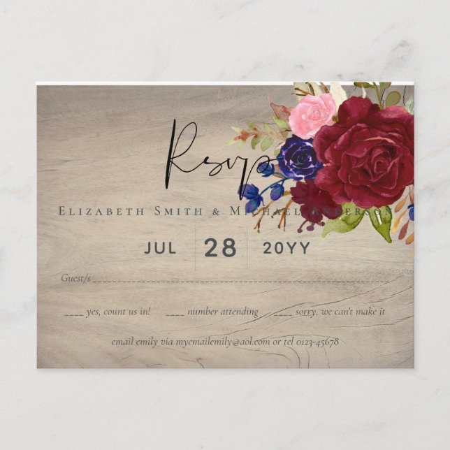 Rustic Burgundy Blue Floral Wedding RSVP Postcard (Front)