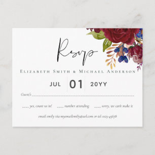 Rustic Burgundy Blue Floral Wedding RSVP Postcard