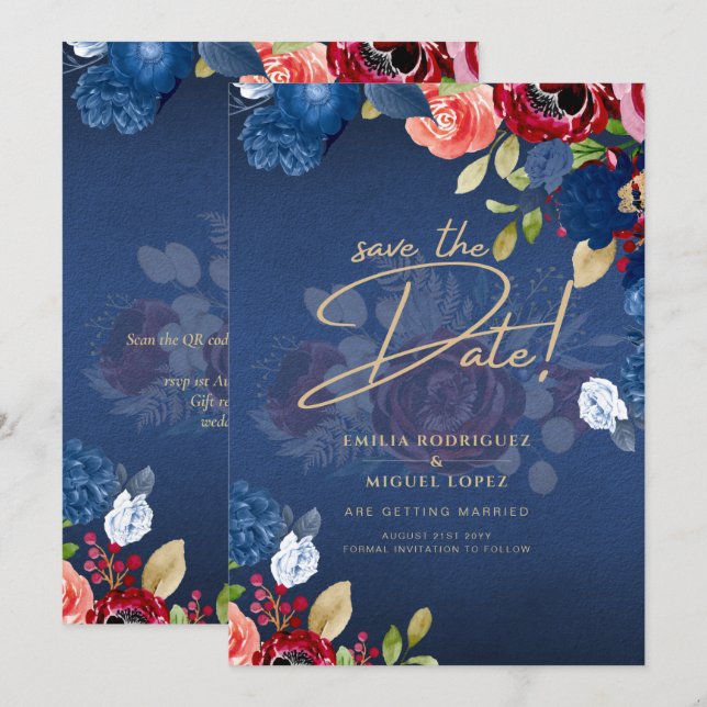 Rustic Burgundy Blue Floral Wedding SAVE THE DATE Invitation (Front/Back)