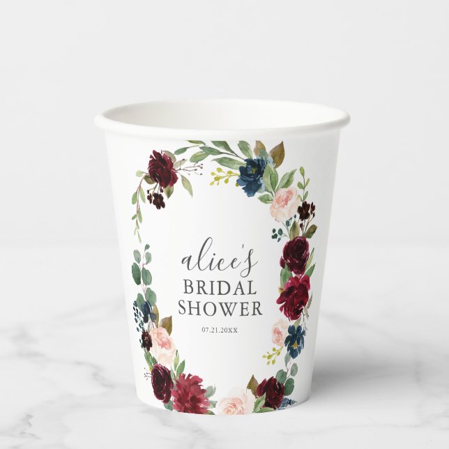 Rustic Burgundy Blue Flowers Bridal Shower Paper Cups (Front)