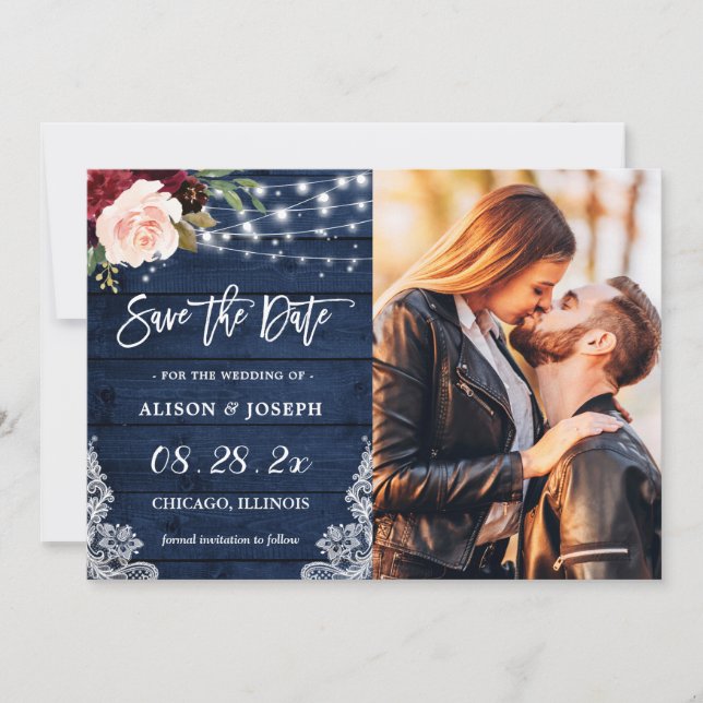 Rustic Burgundy Blue String Lights Wedding Photo Save The Date (Front)