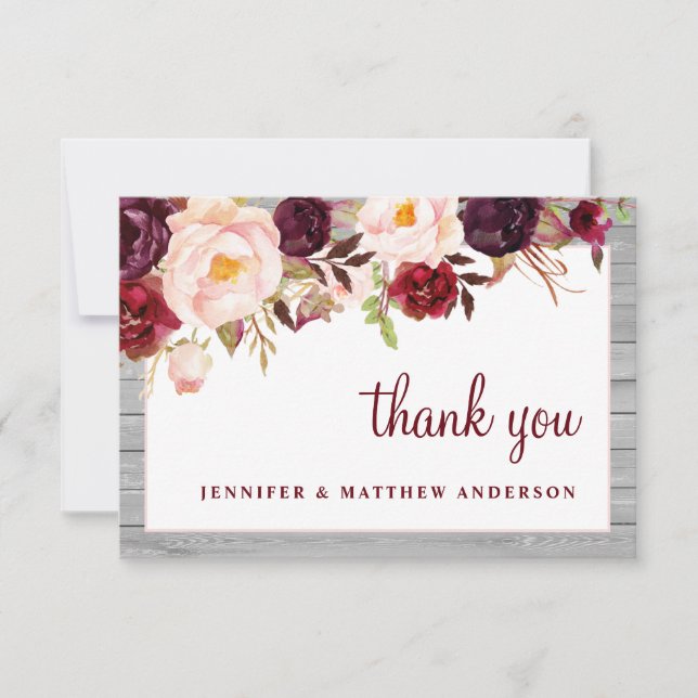 Rustic Burgundy Blush Barnwood Pink Border Wedding Thank You Card (Front)