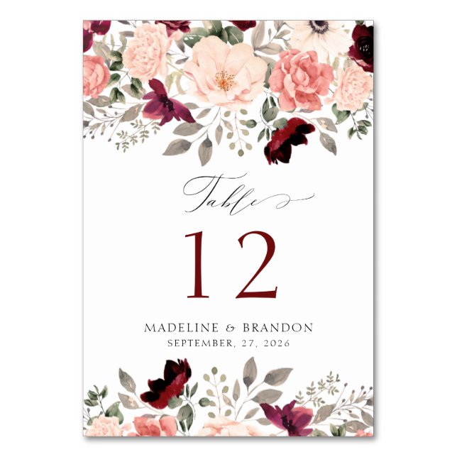 Rustic Burgundy Blush Floral Elegant Wedding Table Number (Front)