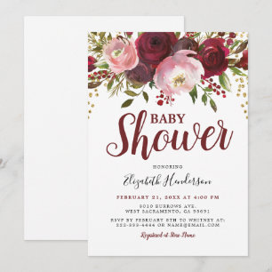 Rustic Burgundy Blush Floral Glitter Baby Shower Invitation