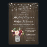 Rustic Burgundy Blush Floral Mason Jar Wedding Invitation<br><div class="desc">Design features a rustic watercolor wood grain background with twinkle string lights at the top.  Design also features a beautiful mason jar filled with burgundy,  red,  plum,  and blush peonies and roses with eucalyptus botanical greenery.  Change the demo initials to your very own.</div>