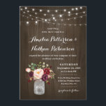 Rustic Burgundy Blush Floral Mason Jar Wedding Invitation<br><div class="desc">Design features a rustic watercolor wood grain background with twinkle string lights at the top.  Design also features a beautiful mason jar filled with burgundy,  red,  plum,  and blush peonies and roses with eucalyptus botanical greenery.  Change the demo initials to your very own.</div>