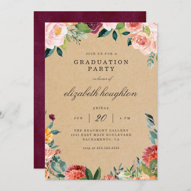 Rustic Burgundy Blush Floral Photo Graduation Part Invitation (Front/Back)