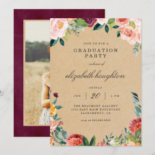 Rustic Burgundy Blush Floral Photo Graduation Part Invitation