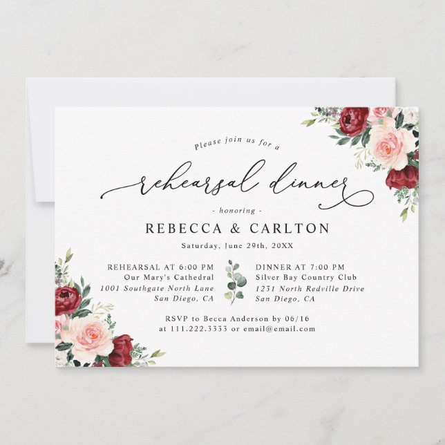 Rustic Burgundy Blush Floral Rehearsal Dinner Invitation (Front)
