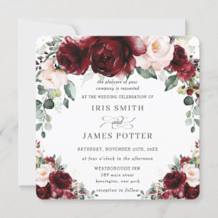 Rustic Burgundy Blush Floral Roses Wedding Square Invitation