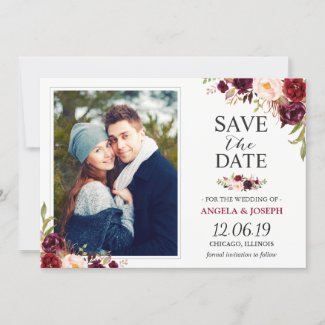 Rustic Burgundy Blush Floral Save the Date Photo