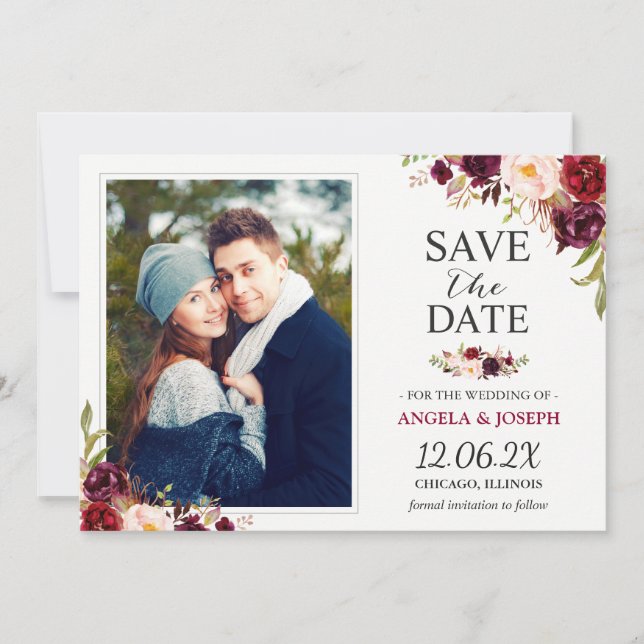 Rustic Burgundy Blush Floral Save the Date Photo (Front)