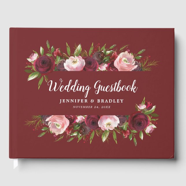 Rustic Burgundy Blush Floral Watercolor Wedding Guest Book (Front)