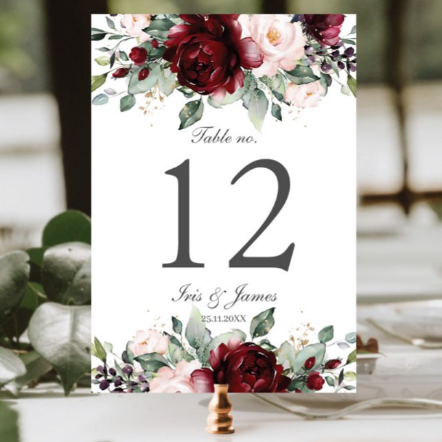 Rustic Burgundy Blush Floral Wedding Bridal Shower Table Number (Creator Uploaded)