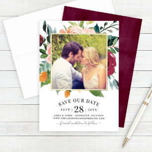 Rustic Burgundy Blush Floral Wedding Photo Save The Date