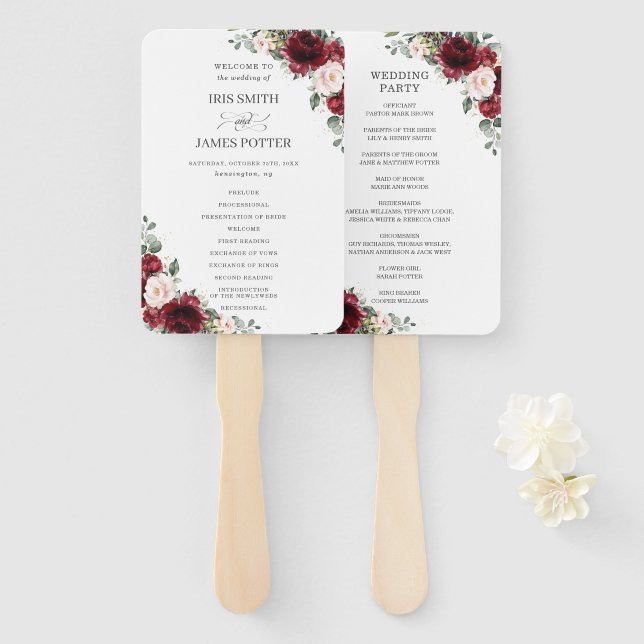 Rustic Burgundy Blush Floral Wedding Program Hand Fan (Front and Back)
